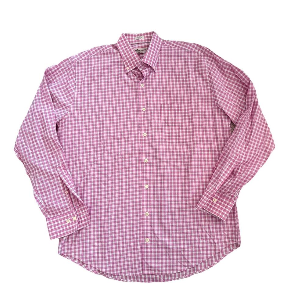 Peter Millar Crown Finish Pink White Checkered Button Down Shirt L Cotton Preppy